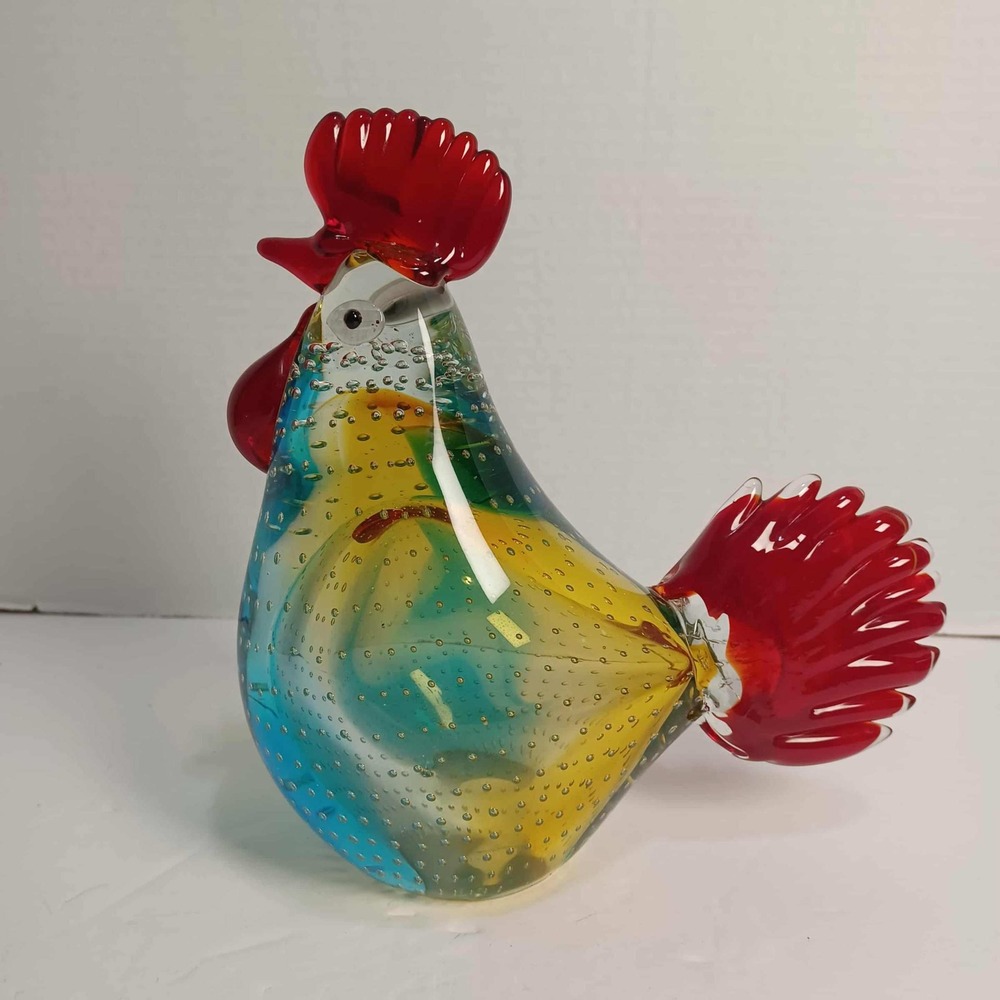 Murano Style Art Glass Rooster Figurine Colorful‎ Bubbles Farmhouse Decor